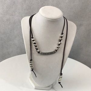 Silver beaded leather strap wrap around necklace